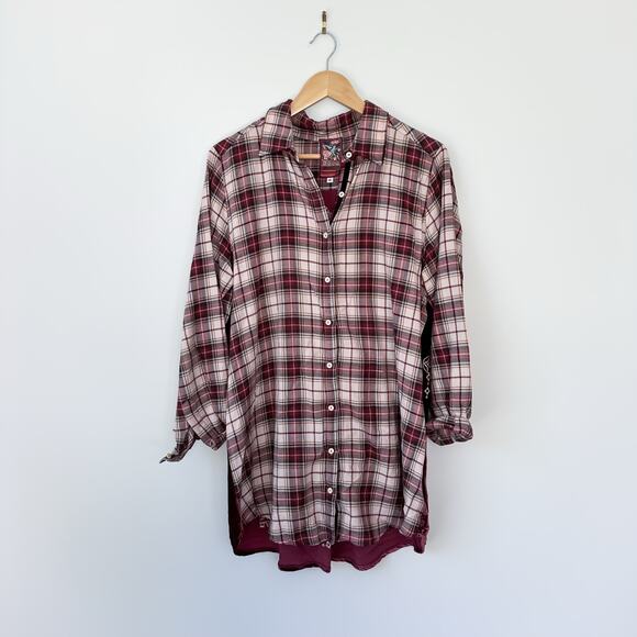 Johnny Was 3J Workshop Lorie Plaid Embroidered Shirt Burgundy M - Picture 2 of 10